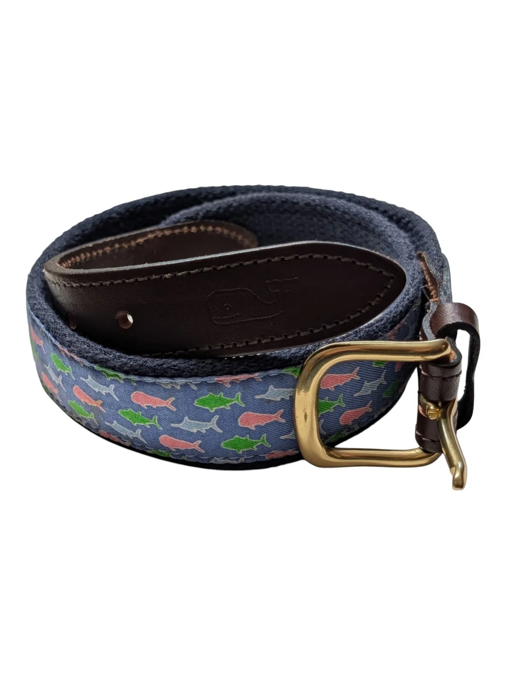 Vineyard Vines Kids Navy Fish Print Belt with Brass Buckle